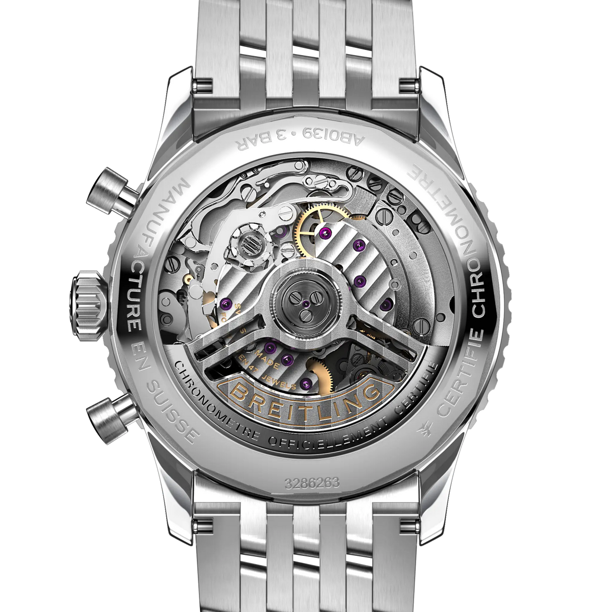 case back of Breitling Navitimer chronograph showing engraved steel back and model detailing