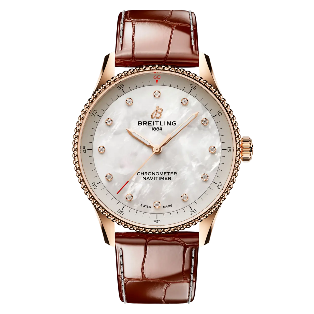 Breitling Navitimer Automatic mother of pearl dial watch rose gold case brown leather strap diamond hour markers