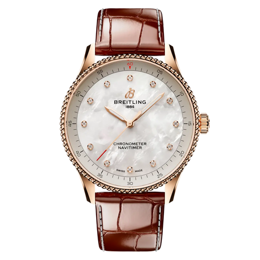 Breitling Navitimer Automatic mother of pearl dial watch rose gold case brown leather strap diamond hour markers