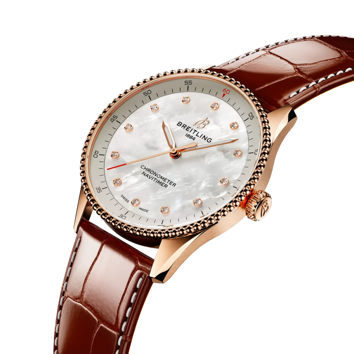 side view of Breitling Navitimer Automatic showing rose gold case crown and beaded bezel detail