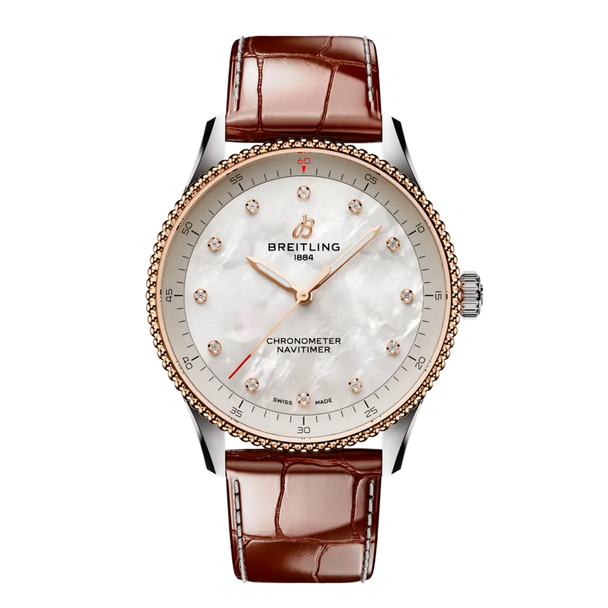 Breitling Navitimer Automatic mother of pearl dial watch two tone case brown leather strap diamond hour markers