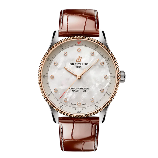 Breitling Navitimer Automatic mother of pearl dial watch two tone case brown leather strap diamond hour markers
