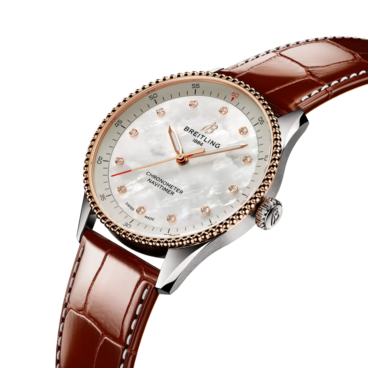 side view of Breitling Navitimer Automatic showing steel and rose gold case crown and beaded bezel detail