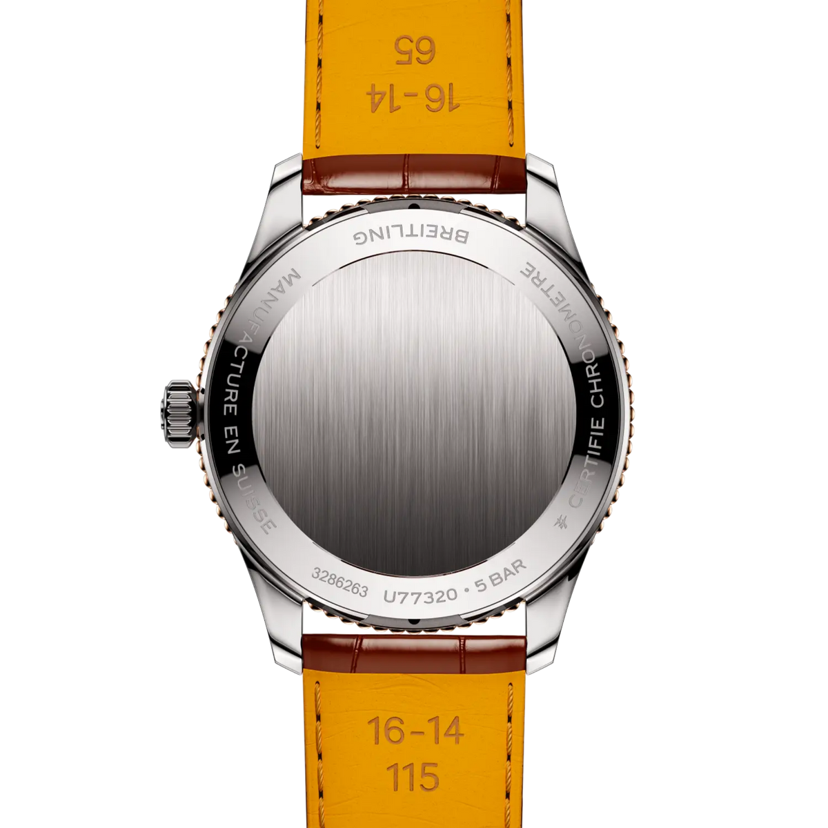 case back of Breitling Navitimer Automatic showing engraved stainless steel back and model detailing