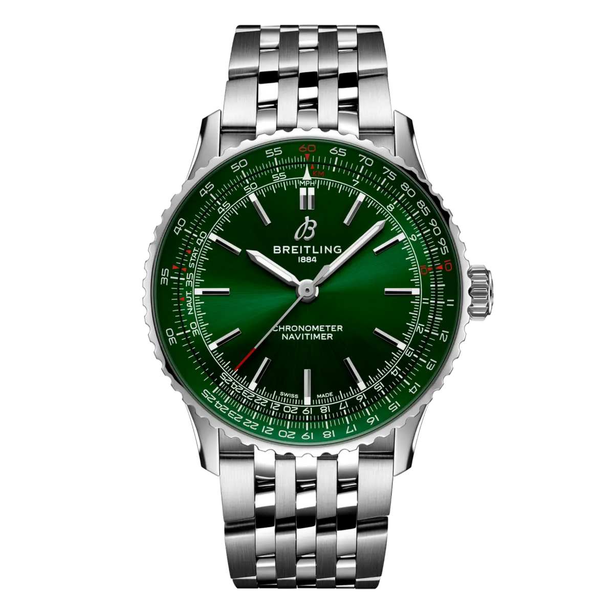 Breitling Navitimer Automatic green dial watch stainless steel bracelet slide rule bezel