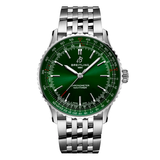Breitling Navitimer Automatic green dial watch stainless steel bracelet slide rule bezel