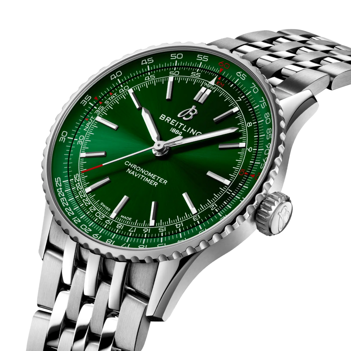 side view of Breitling Navitimer Automatic showing steel case crown and slide rule bezel detail
