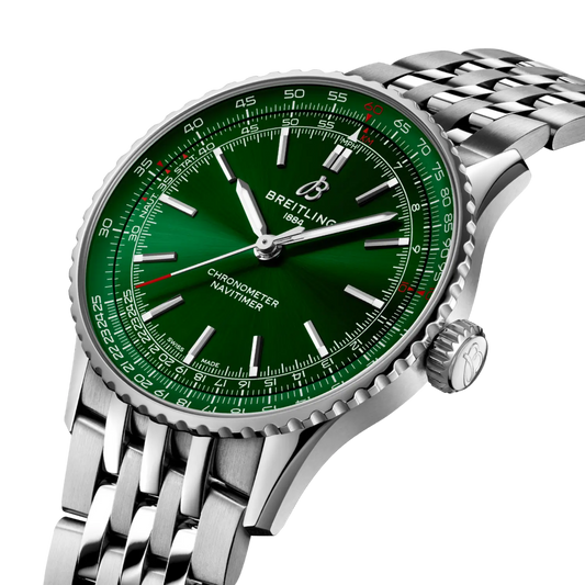 side view of Breitling Navitimer Automatic showing steel case crown and slide rule bezel detail
