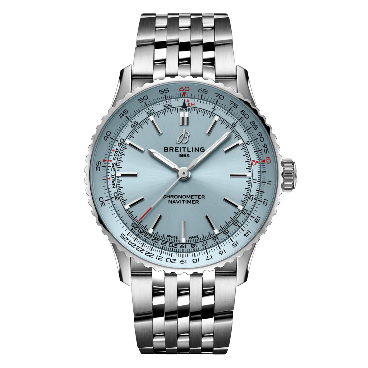 Breitling Navitimer Automatic ice blue dial watch stainless steel bracelet slide rule bezel