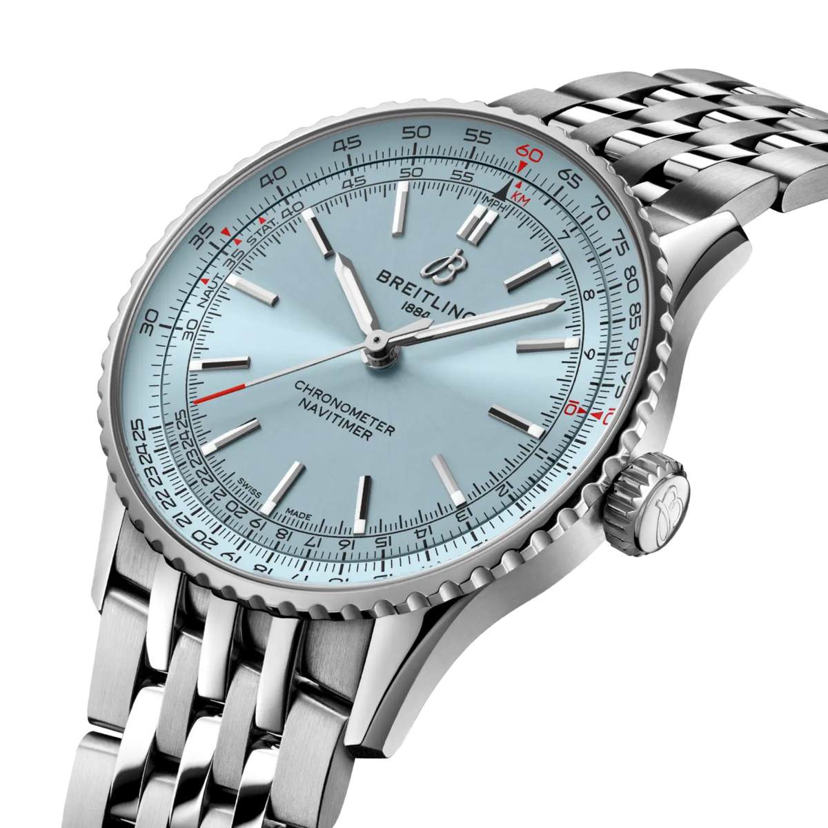 side view of Breitling Navitimer Automatic showing stainless steel case crown and fluted slide rule bezel