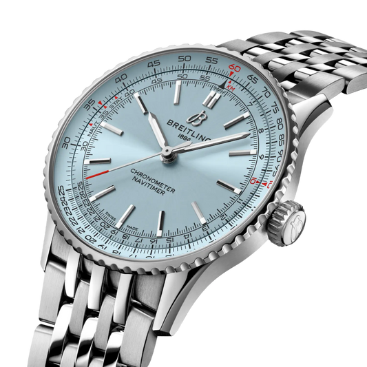 side view of Breitling Navitimer Automatic showing stainless steel case crown and fluted slide rule bezel