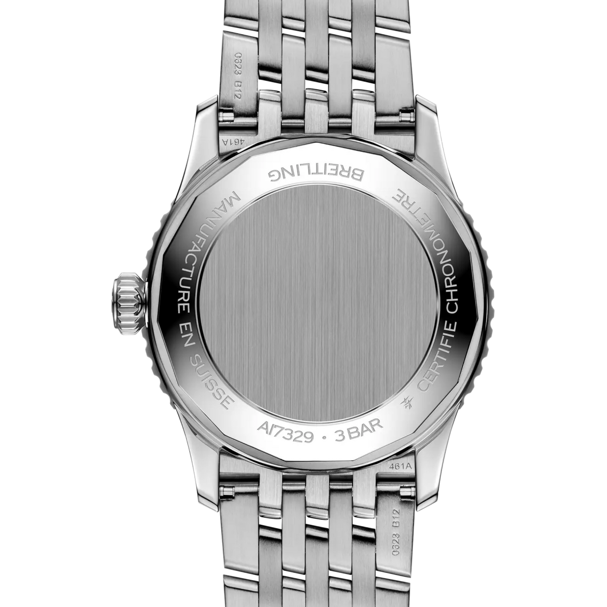 case back of Breitling Navitimer Automatic showing engraved stainless steel case back with branding and specifications