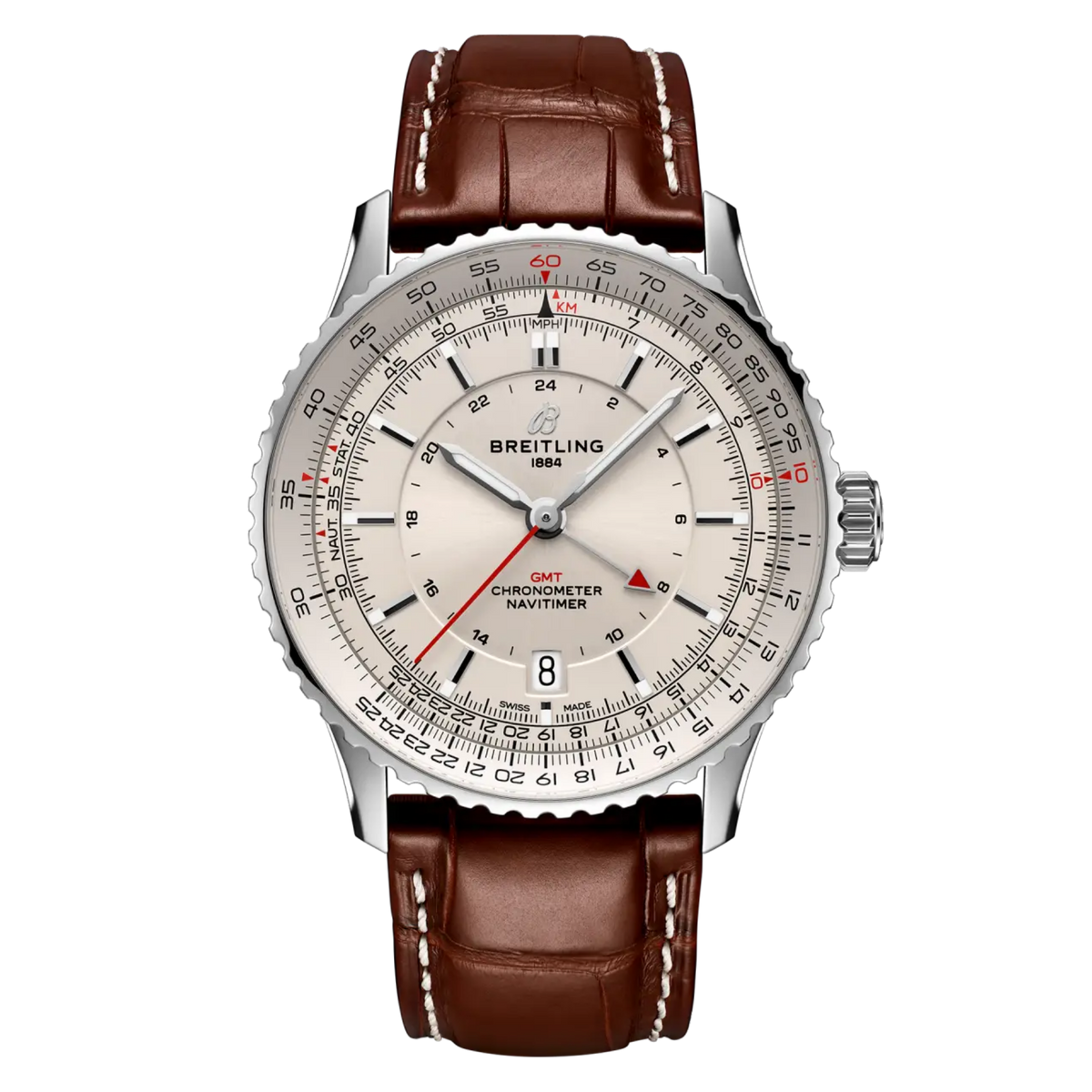 Breitling Navitimer GMT cream dial watch brown leather strap stainless steel case