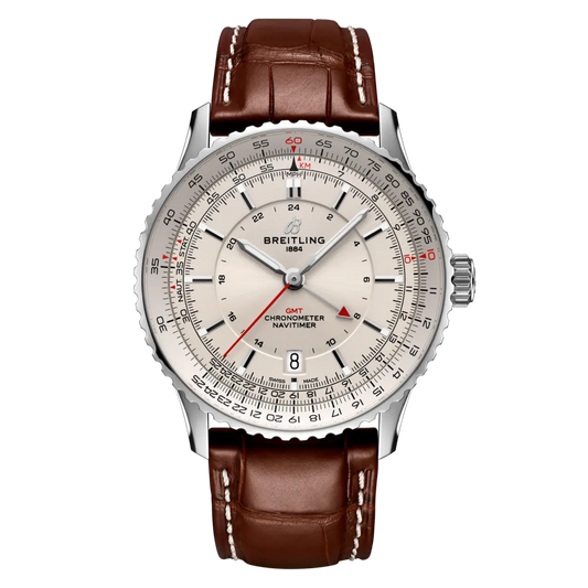 Breitling Navitimer GMT cream dial watch brown leather strap stainless steel case
