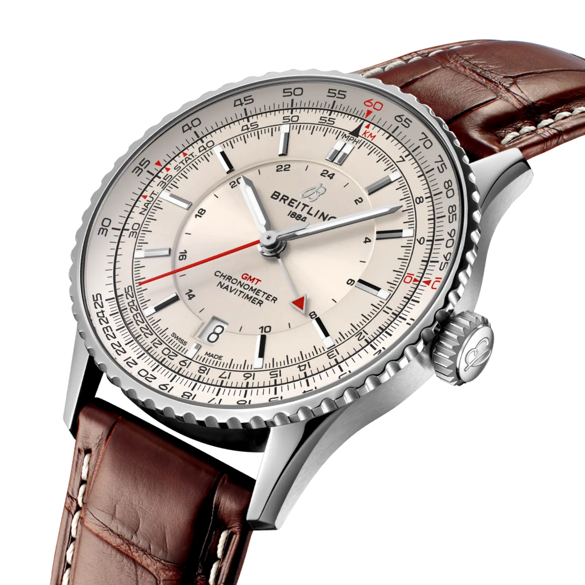 side view of Breitling Navitimer GMT showing stainless steel case crown and bidirectional slide rule bezel
