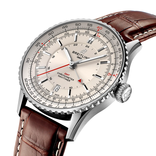 side view of Breitling Navitimer GMT showing stainless steel case crown and bidirectional slide rule bezel
