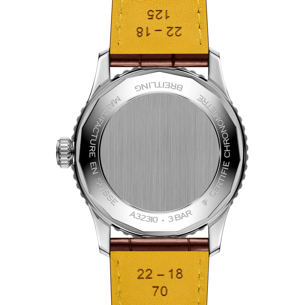 case back of Breitling Navitimer GMT showing engraved stainless steel case back with model markings and specifications