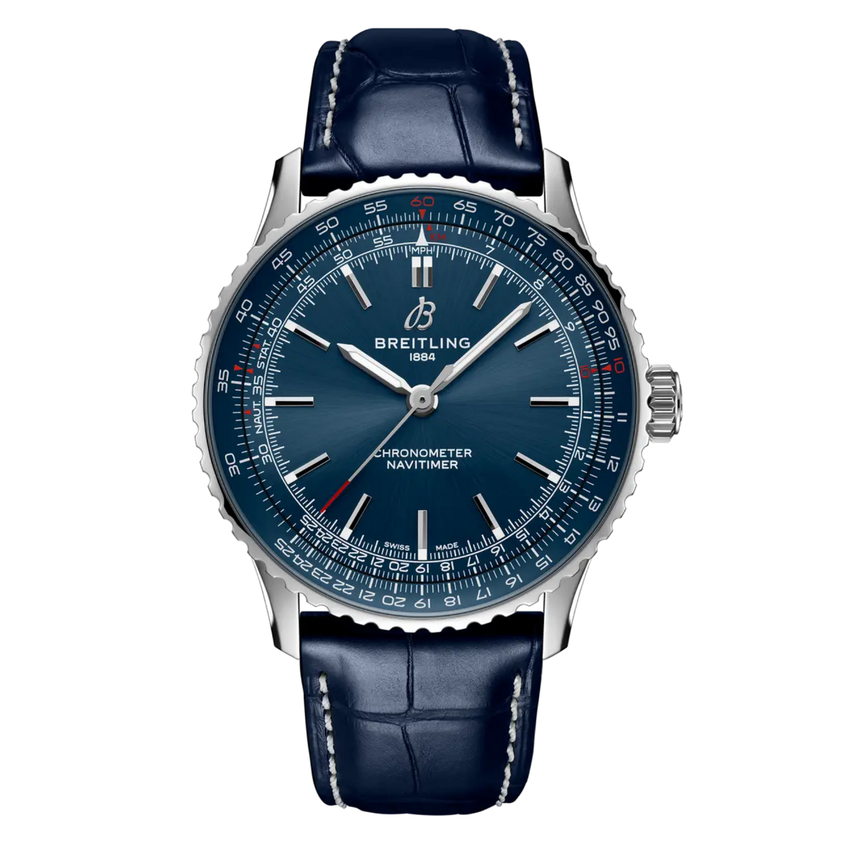 Breitling Navitimer Automatic blue dial watch blue leather strap stainless steel case