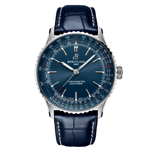 Breitling Navitimer Automatic blue dial watch blue leather strap stainless steel case
