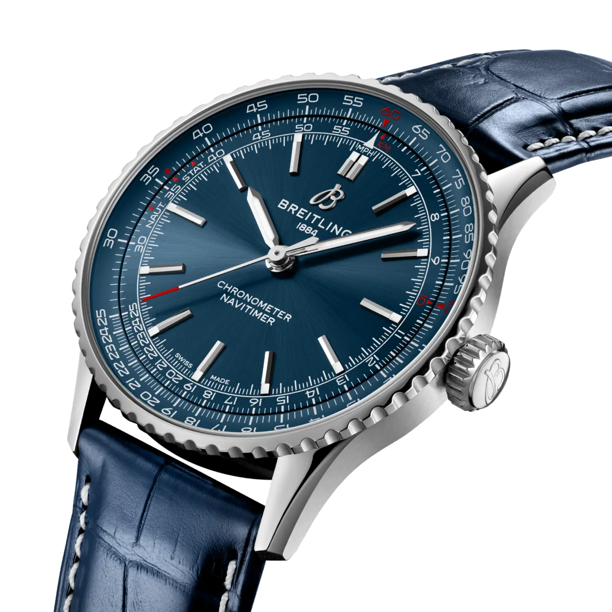 side view of Breitling Navitimer Automatic showing stainless steel case crown and fluted slide rule bezel