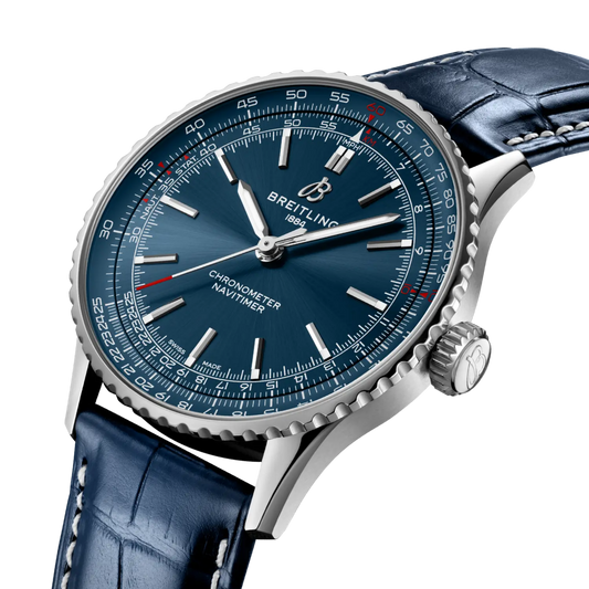 side view of Breitling Navitimer Automatic showing stainless steel case crown and fluted slide rule bezel