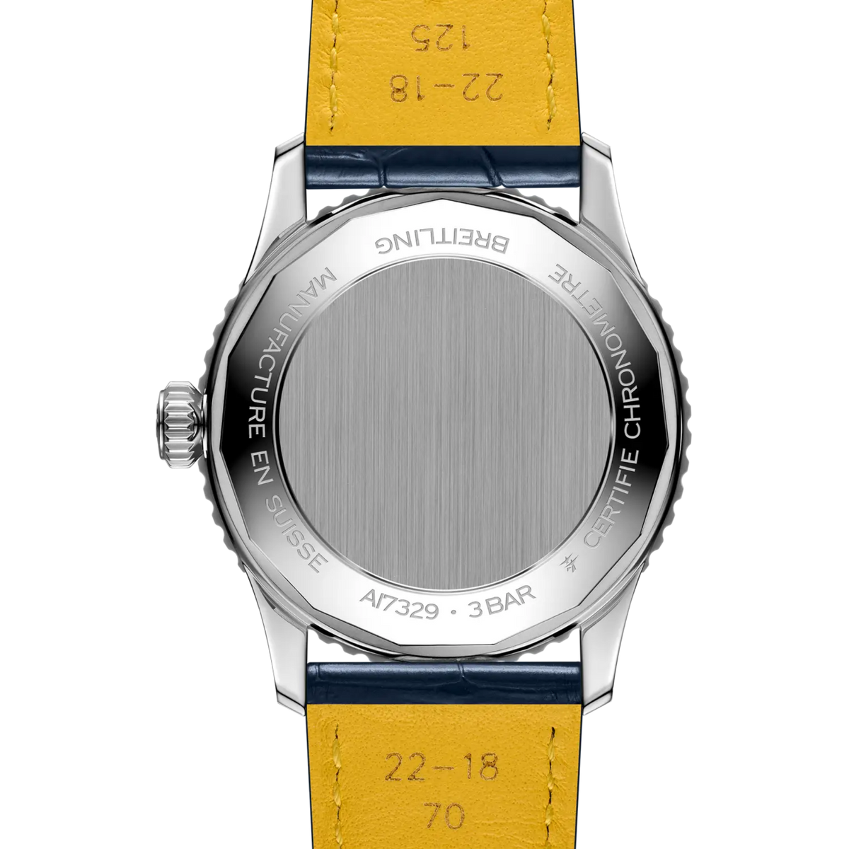 case back of Breitling Navitimer Automatic showing engraved stainless steel case back with branding and specifications