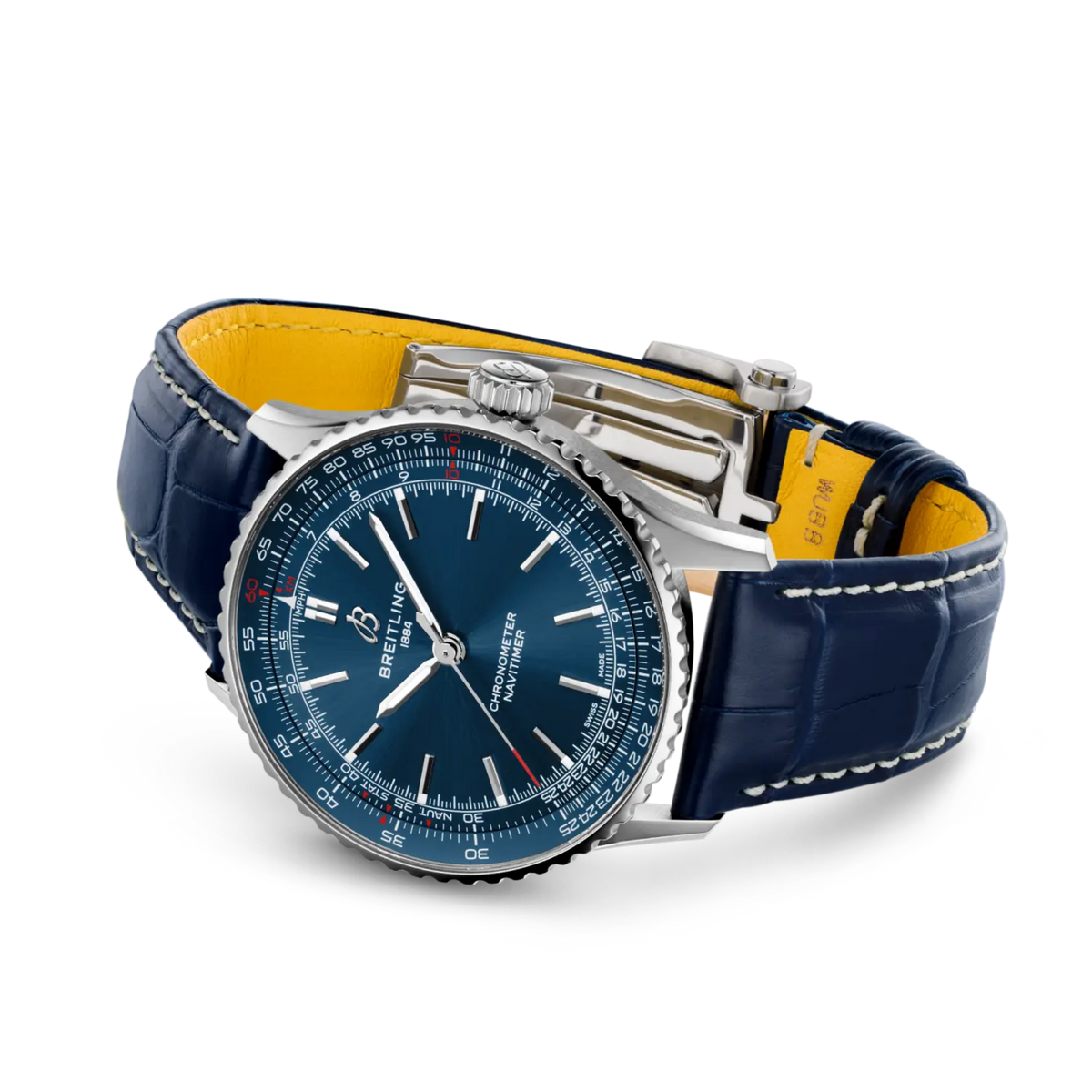 Breitling Navitimer Automatic blue dial watch shown on a side angle