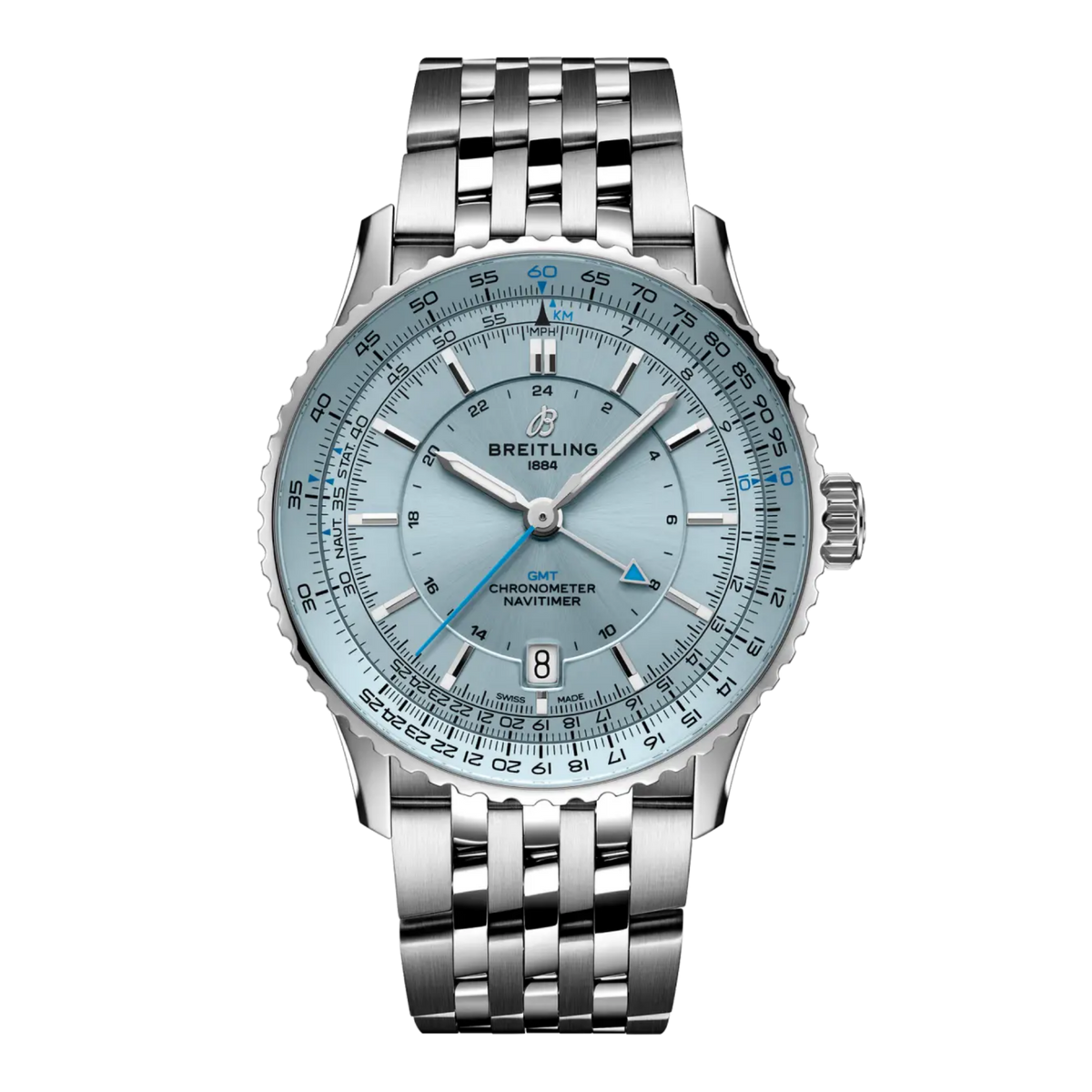 Breitling Navitimer GMT ice blue dial watch stainless steel bracelet slide rule bezel