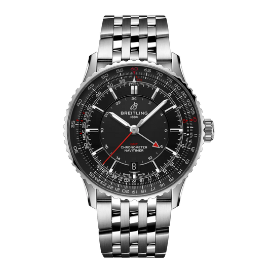 Breitling Navitimer GMT black dial watch stainless steel bracelet slide rule bezel