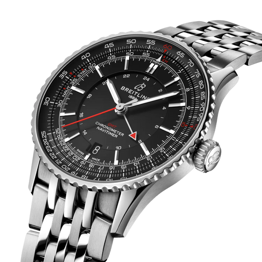 side view of Breitling Navitimer GMT showing stainless steel case crown and bidirectional slide rule bezel