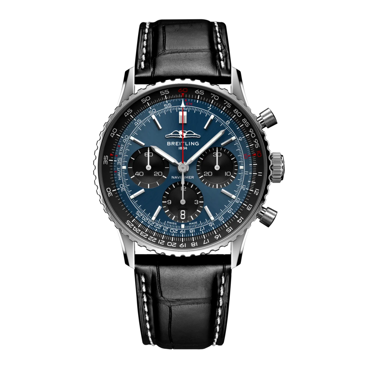 Breitling Navitimer Chronograph blue dial watch black leather strap slide rule bezel