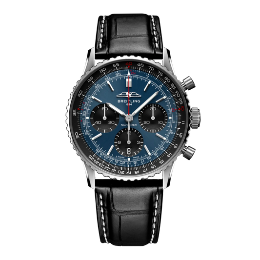 Breitling Navitimer Chronograph blue dial watch black leather strap slide rule bezel