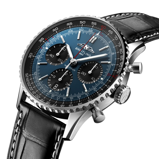 side view of Breitling Navitimer Chronograph showing stainless steel case pushers crown and knurled bezel