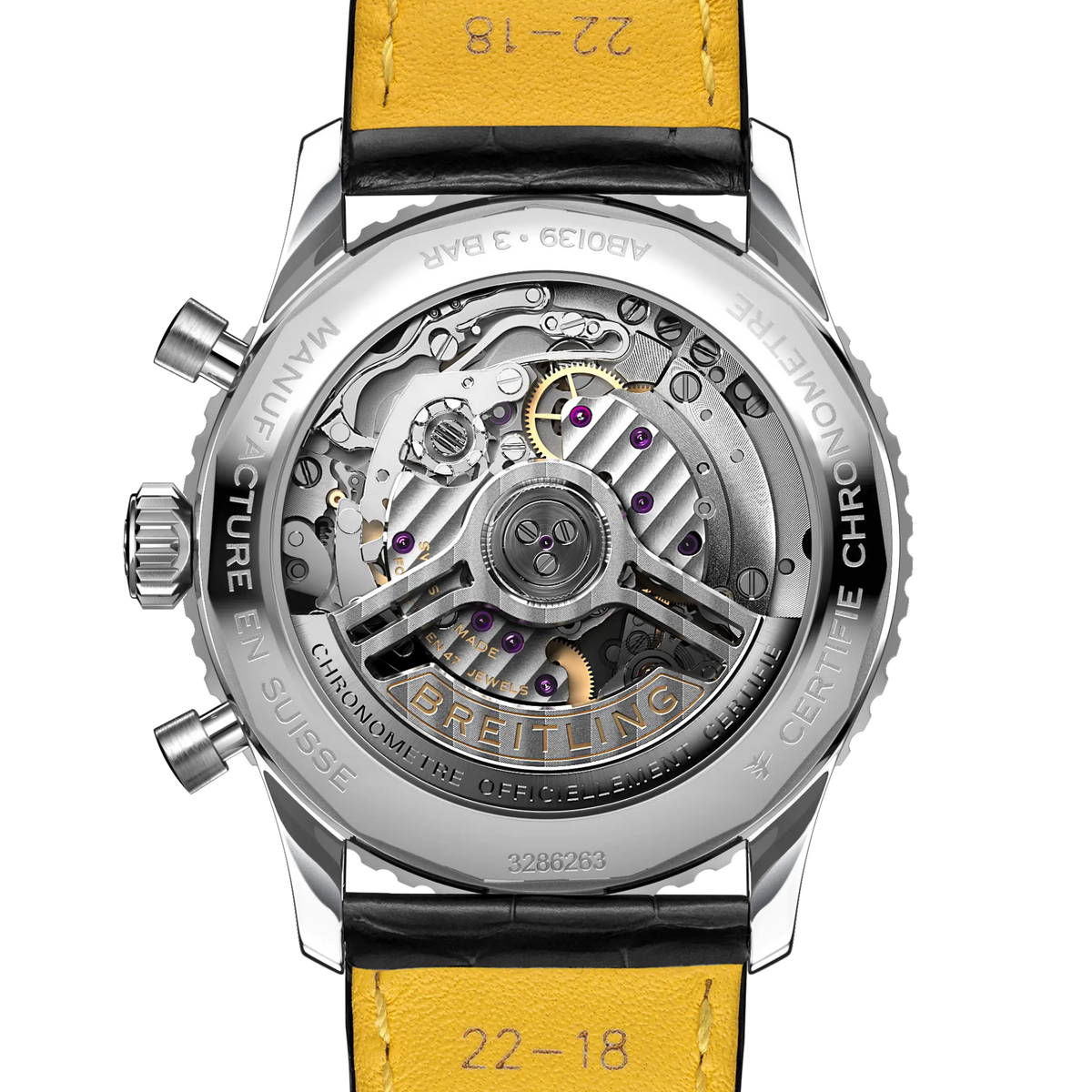 case back of Breitling Navitimer Chronograph showing engraved stainless steel case back with model details and specifications