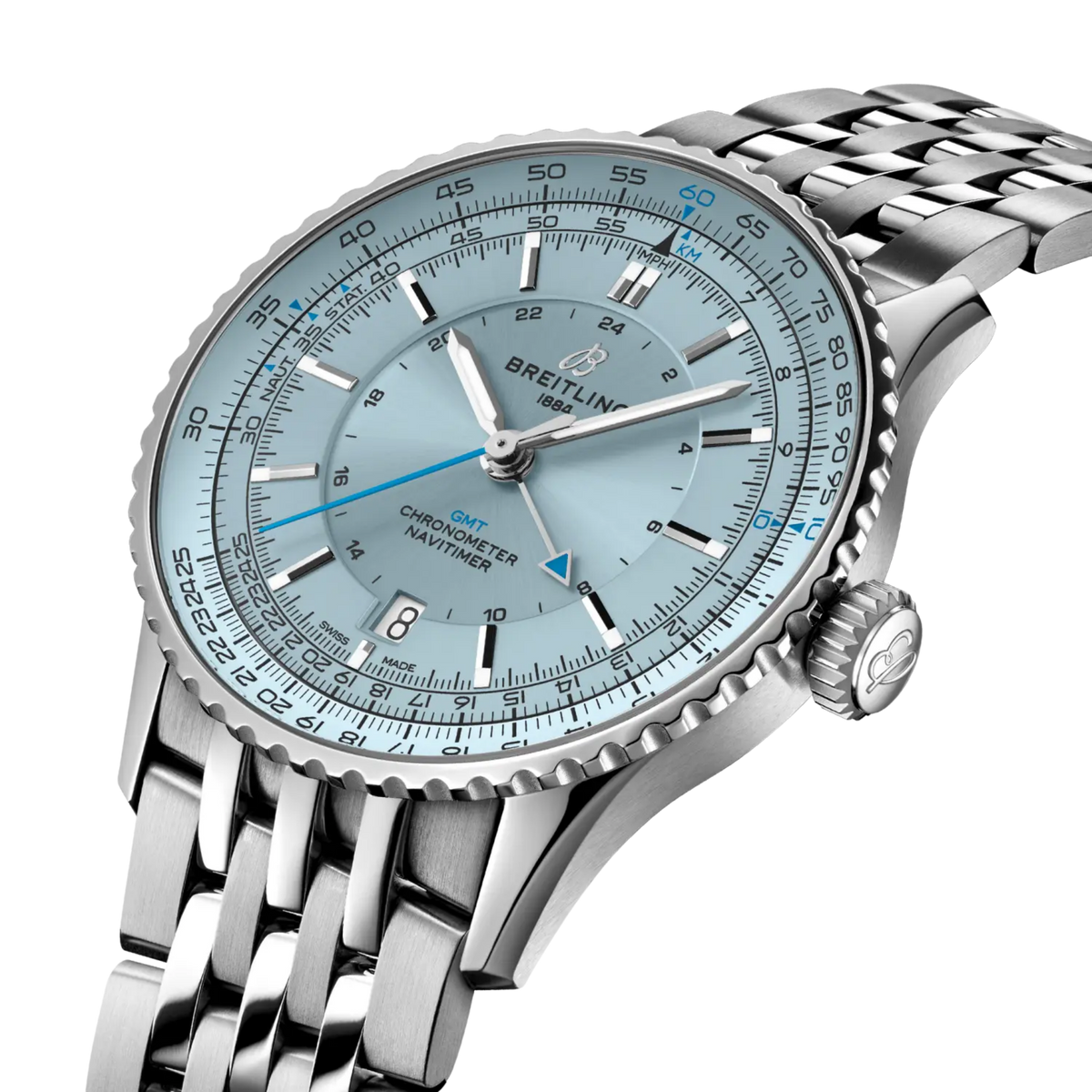 side view of Breitling Navitimer GMT showing stainless steel case crown and bidirectional slide rule bezel
