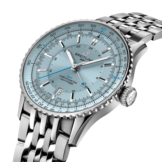 side view of Breitling Navitimer GMT showing stainless steel case crown and bidirectional slide rule bezel