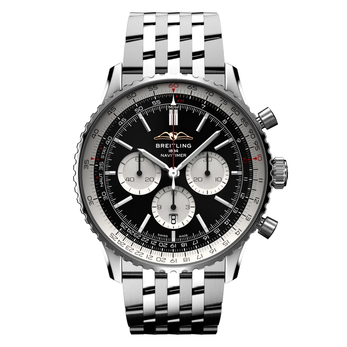 Breitling Navitimer Chronograph black dial panda subdials watch stainless steel bracelet slide rule bezel