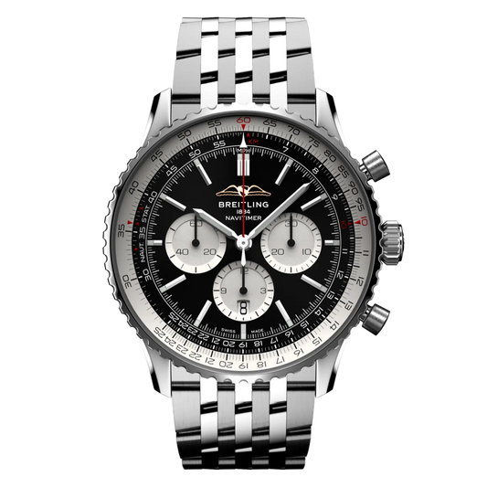 Breitling Navitimer Chronograph black dial panda subdials watch stainless steel bracelet slide rule bezel