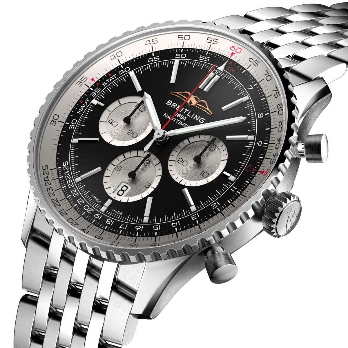 side view of Breitling Navitimer Chronograph showing stainless steel case pushers crown and bidirectional slide rule bezel