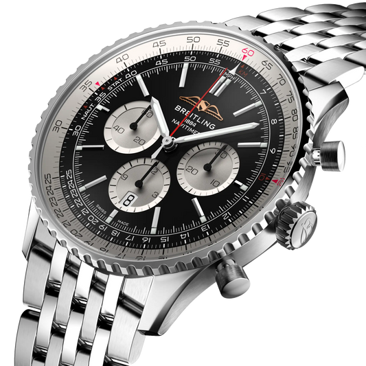 side view of Breitling Navitimer Chronograph showing stainless steel case pushers crown and bidirectional slide rule bezel