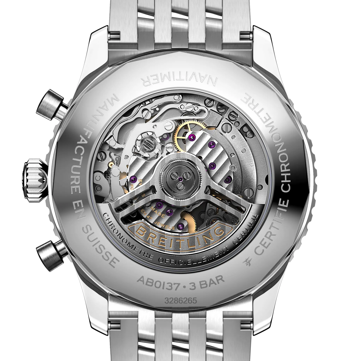 case back of Breitling Navitimer Chronograph showing engraved stainless steel case back with model markings and specifications