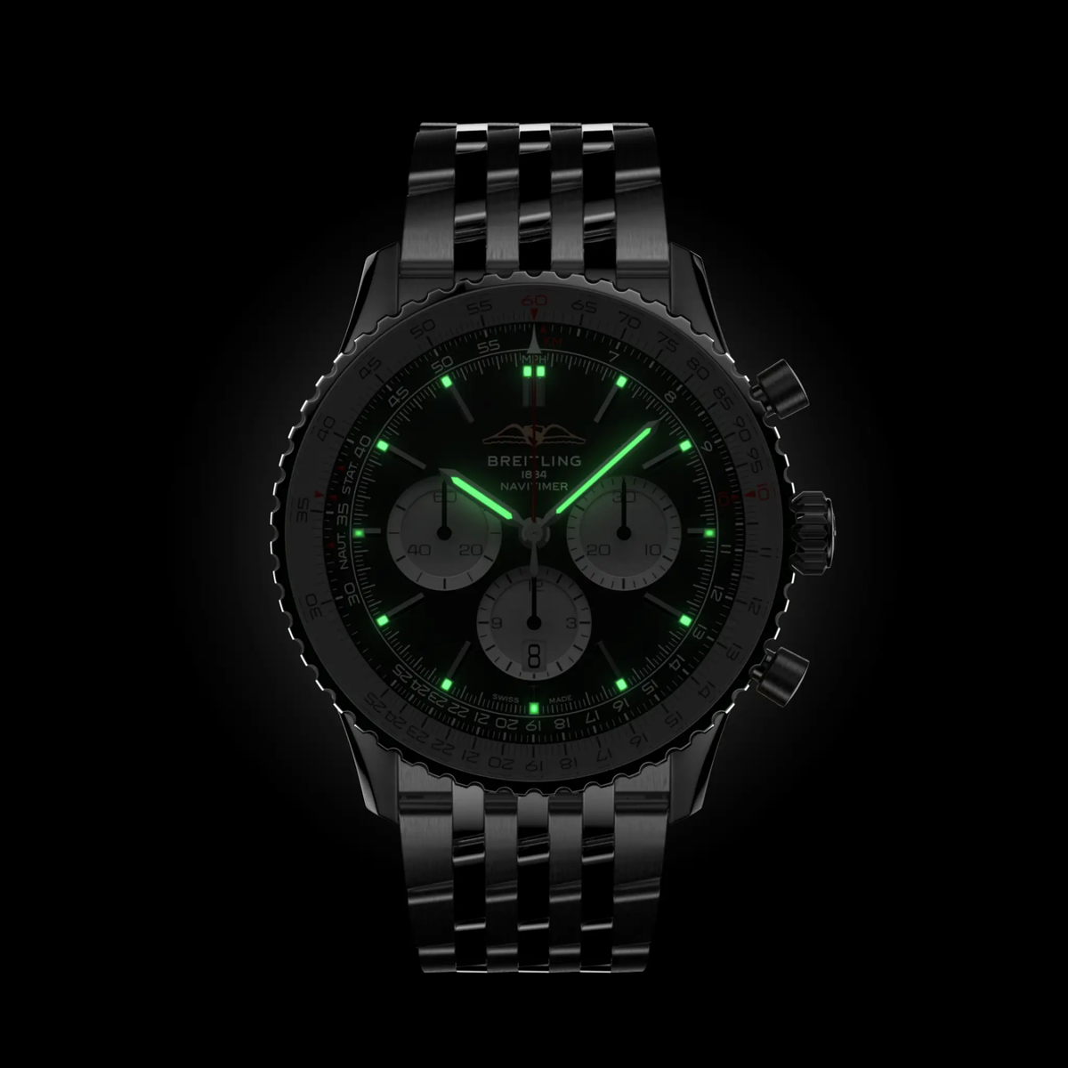 Breitling Navitimer Chronograph black dial watch showing glow in the dark 