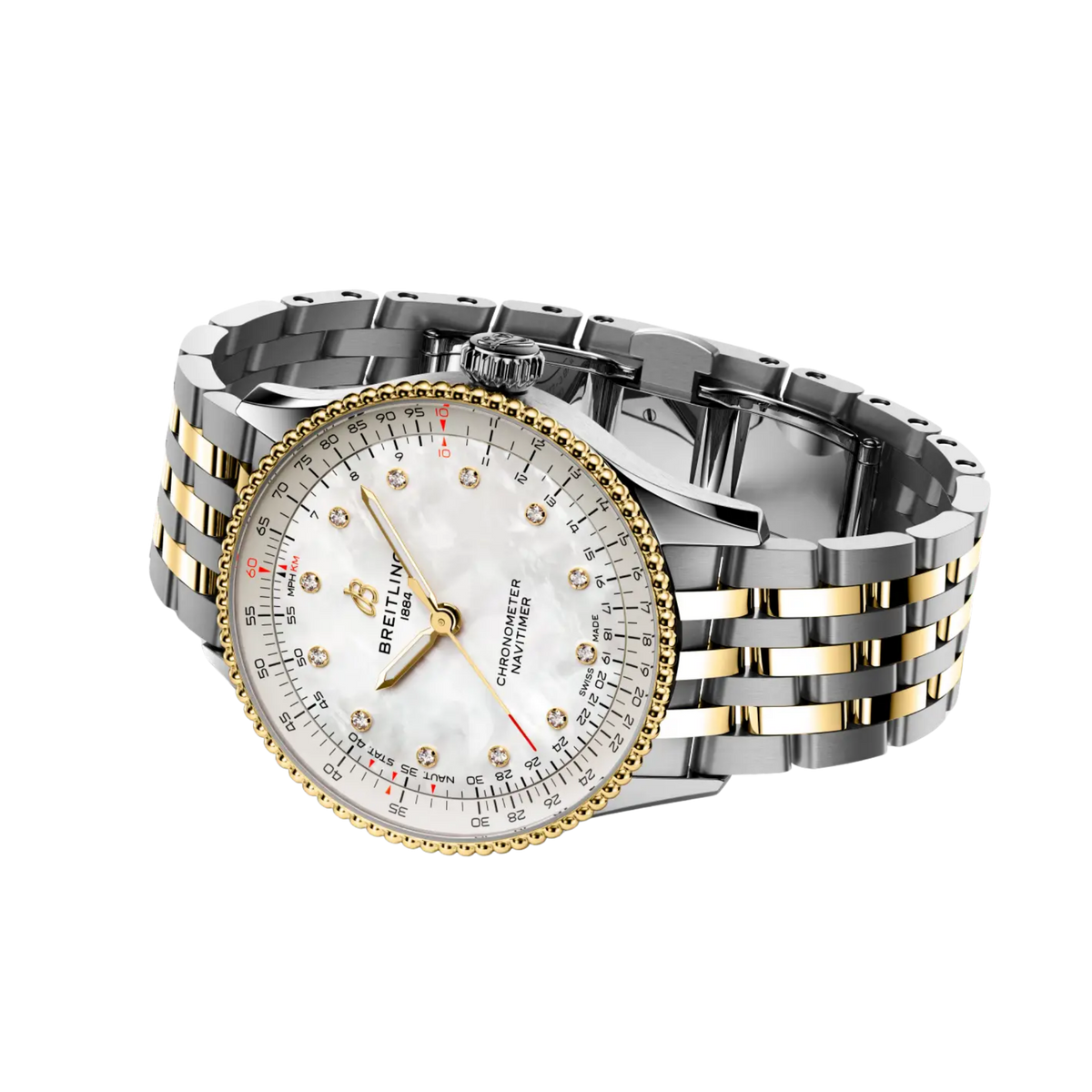 Finished with a two-tone stainless steel and 18ct yellow gold bracelet and water-resistant to 50 metres, the Navitimer Automatic 36 combines iconic aviation-inspired design with refined precious materials.