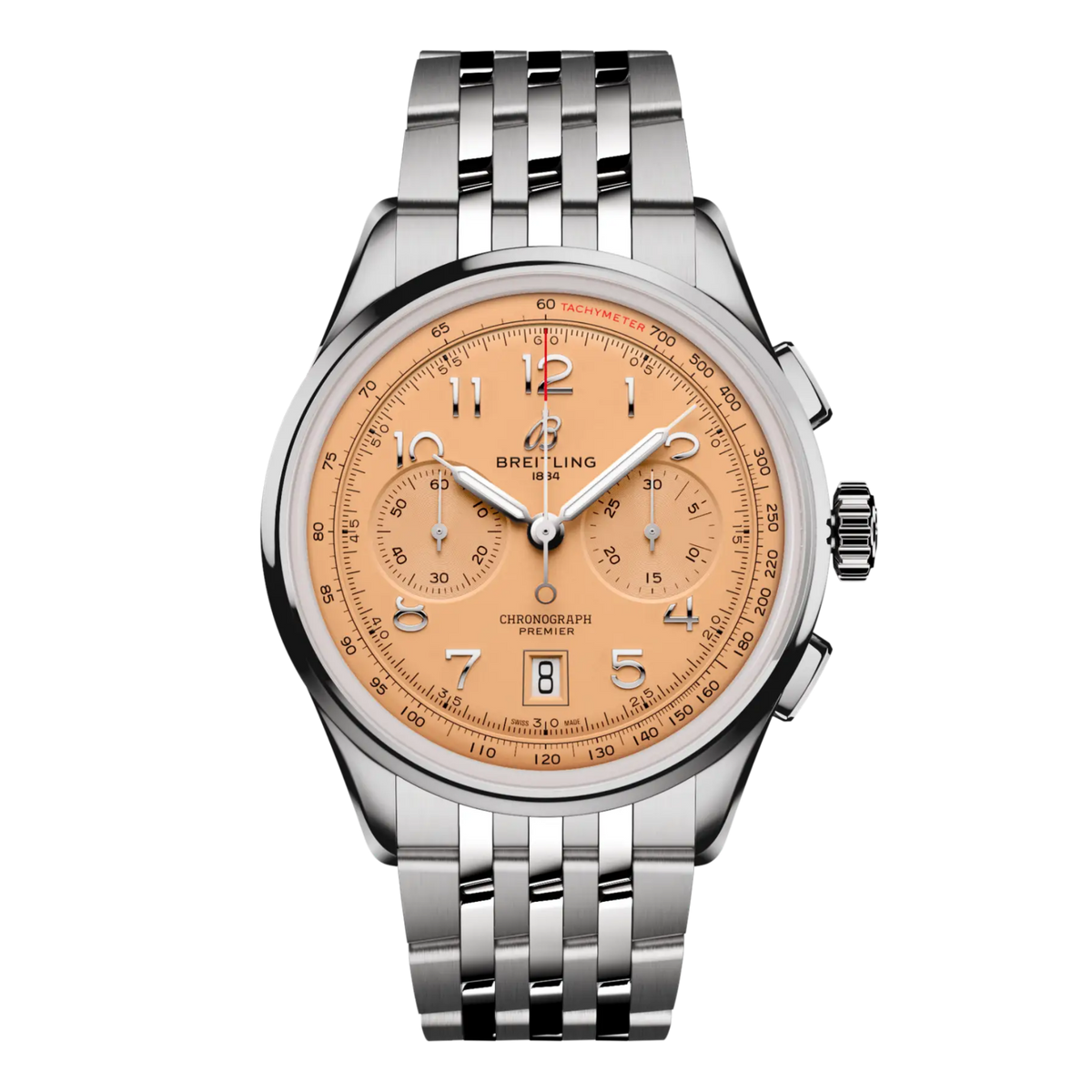 Breitling Premier Chronograph salmon dial watch stainless steel bracelet tachymeter scale