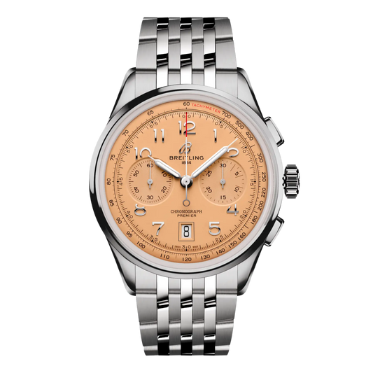 Breitling Premier Chronograph salmon dial watch stainless steel bracelet tachymeter scale