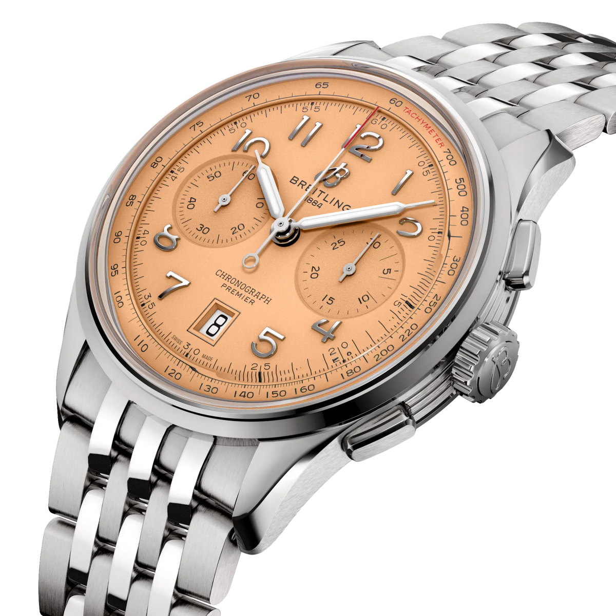 side view of Breitling Premier Chronograph showing stainless steel case pushers crown and polished bezel