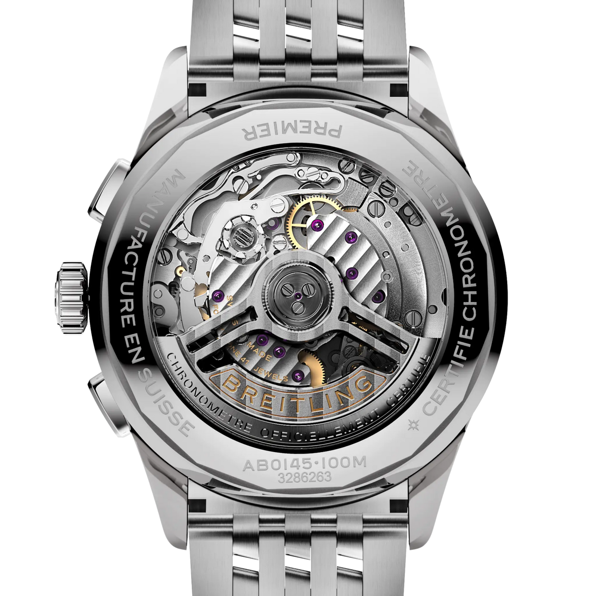 case back of Breitling Premier Chronograph showing engraved stainless steel case back with model markings and specifications