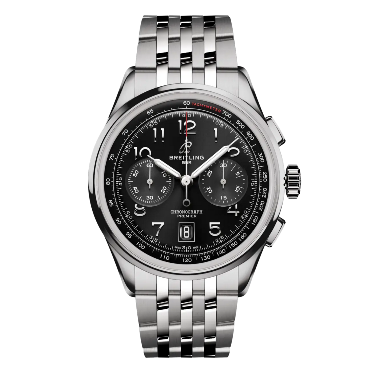 Breitling Premier Chronograph black dial watch stainless steel bracelet tachymeter scale
