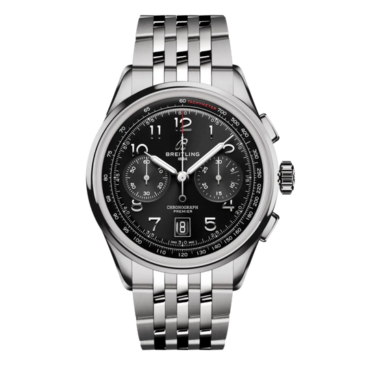 Breitling Premier Chronograph black dial watch stainless steel bracelet tachymeter scale