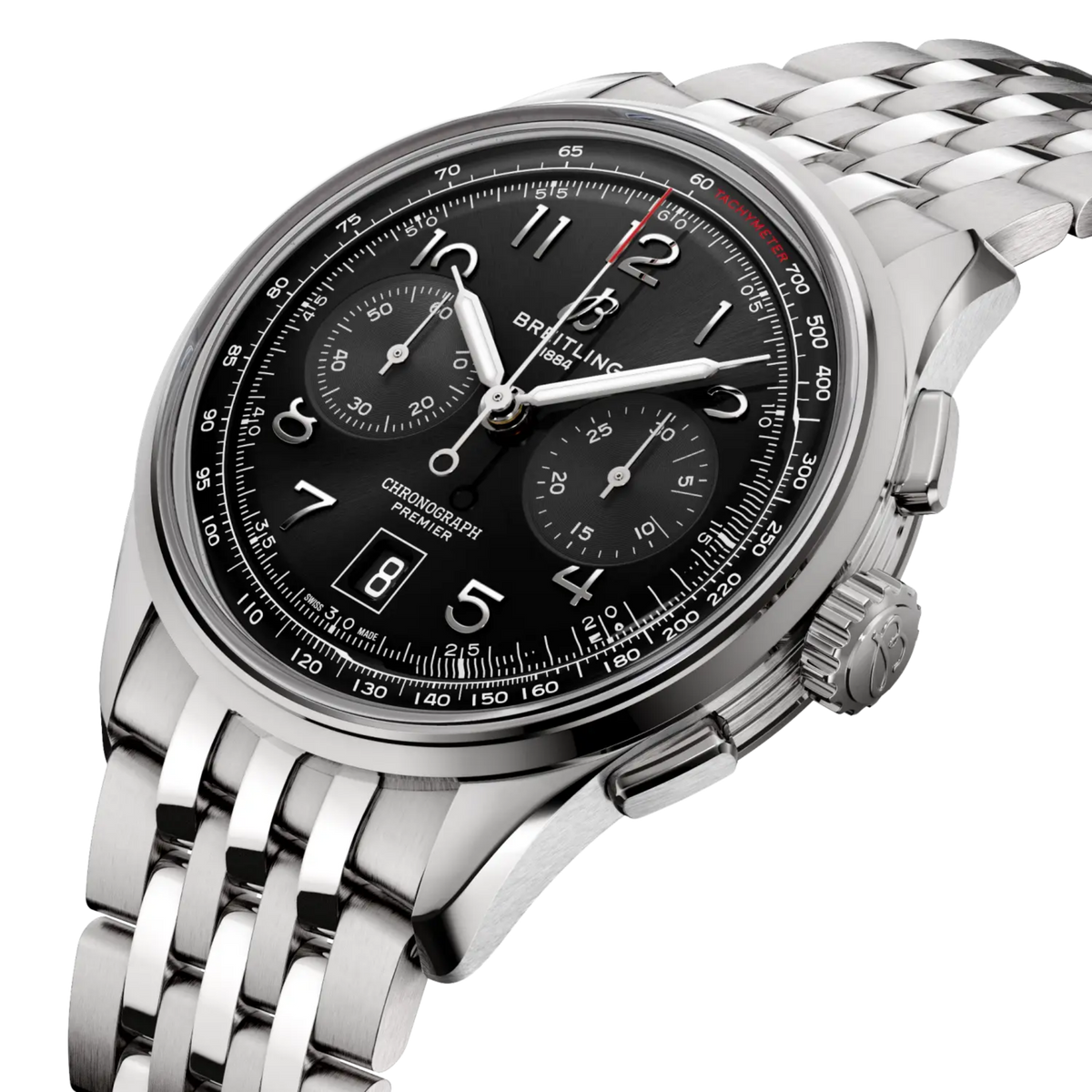 side view of Breitling Premier Chronograph stainless steel case pushers crown and polished bezel detail